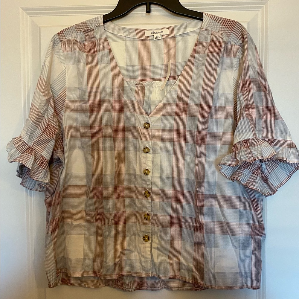 Plus size Madewell plaid top with ruffle sleeves